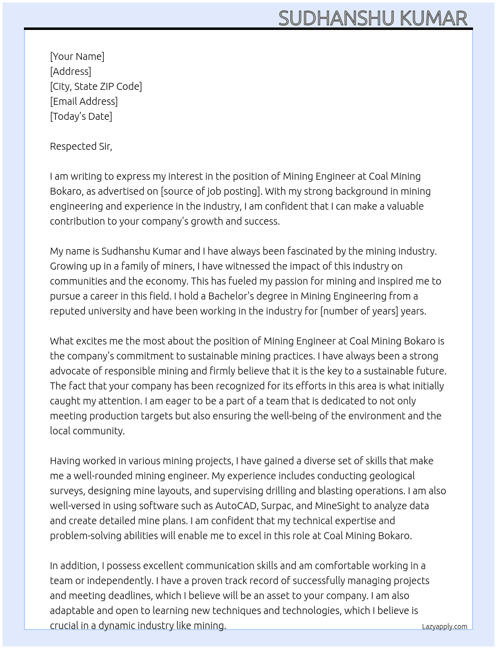 Mining Engineer  At COAL MINING BOKARO  Cover Letter