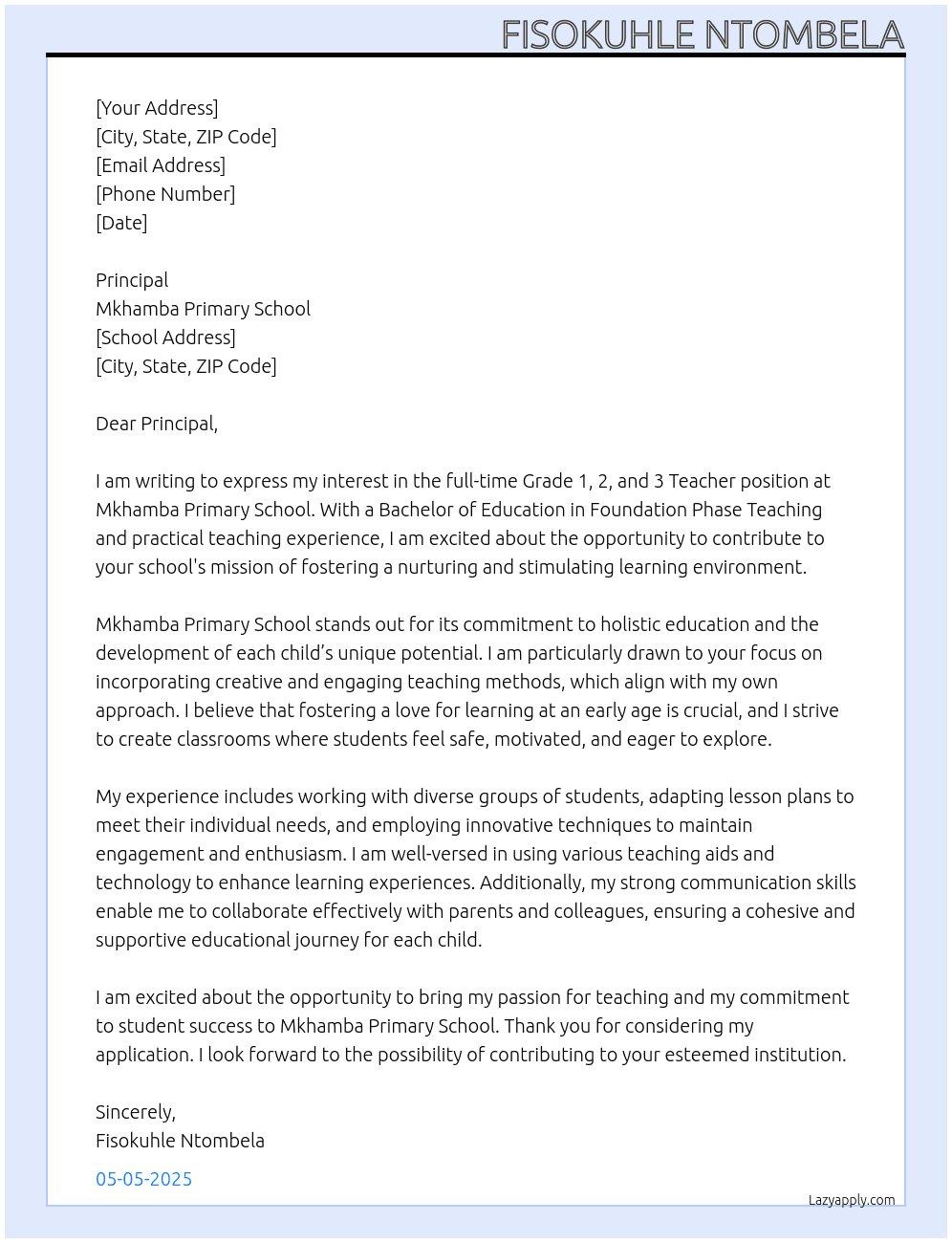 Grade 1, 2, 3 Teacher At Mkhamba Primary SchooL Cover Letter