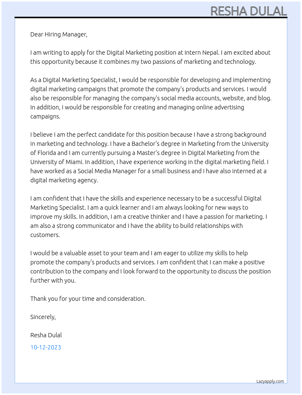 Digital Marketing At Intern Nepal Cover Letter