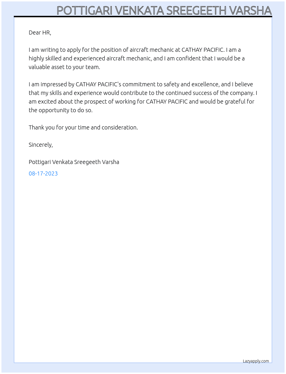 Aircraft Mechanic At CATHAY PACIFIC Cover Letter