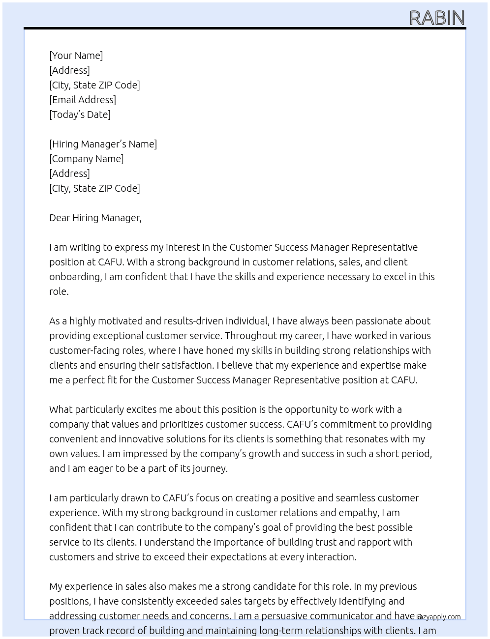 Customer Success Manager Representative At CAFU Cover Letter
