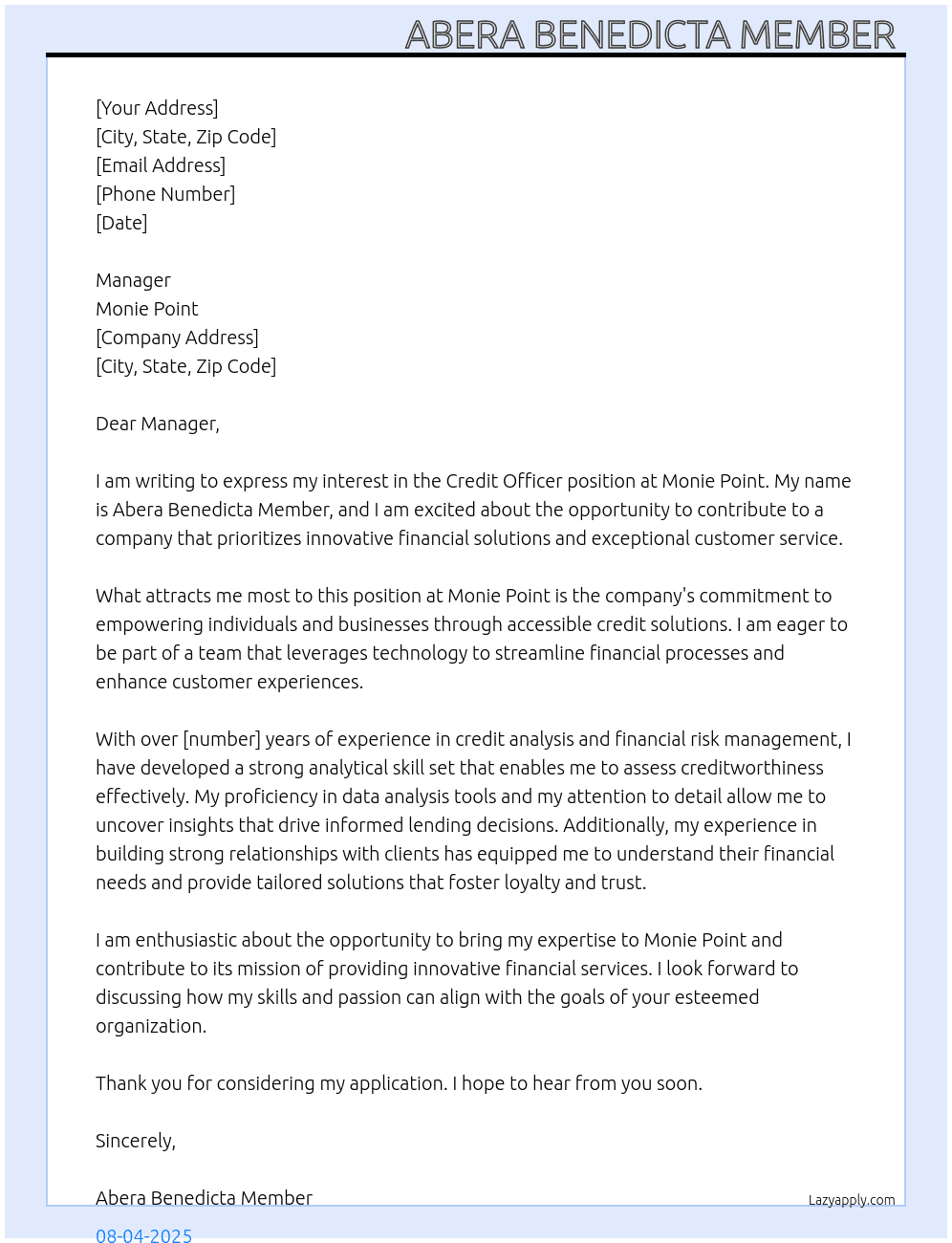 Credit officer At Monie point  Cover Letter