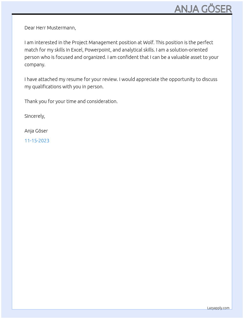 Project mabagement At Wolf Cover Letter