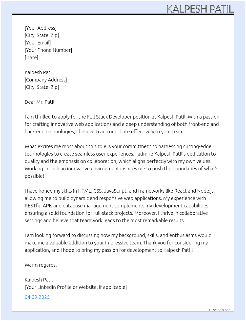 Full Stack Developer At Kalpesh Patil Cover Letter