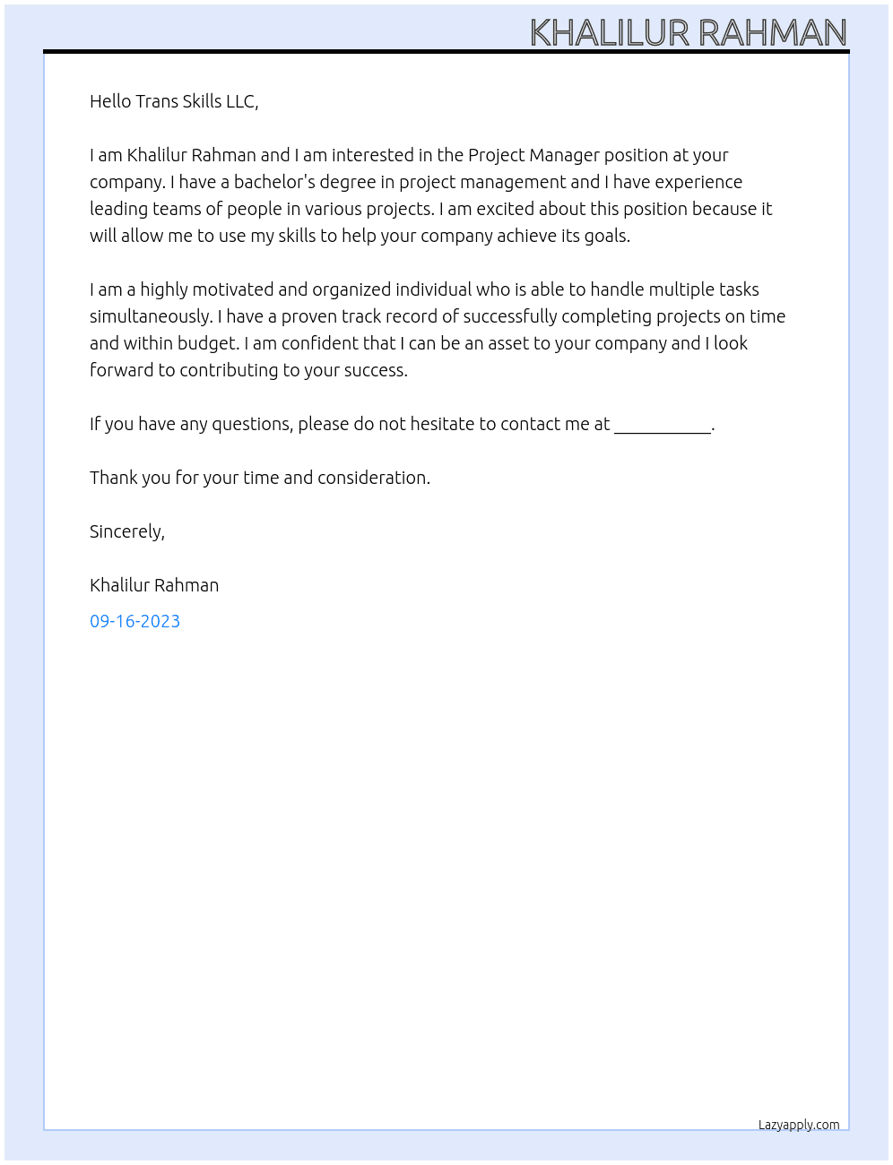 Project Manager At Trans Skills LLC Cover Letter