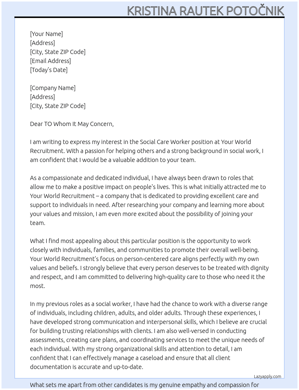 Social Care Worker At Your World Recruitment Cover Letter