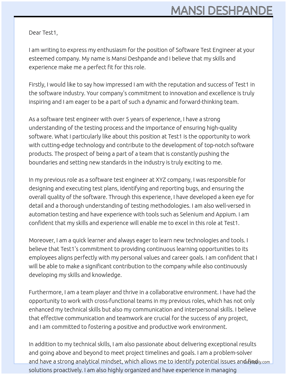 Software Test Engineer At test1 Cover Letter