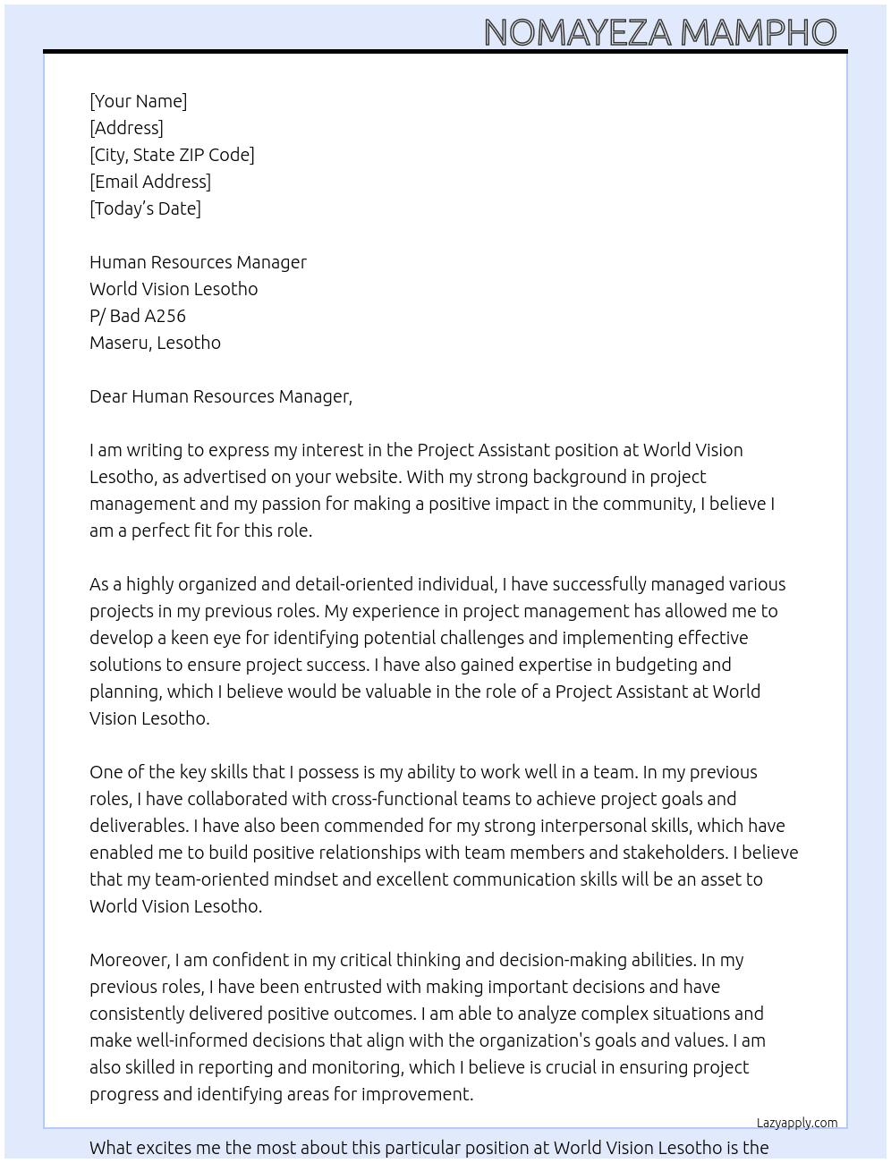 Project Assistant  At nomayezarabatho@gmail.com Cover Letter