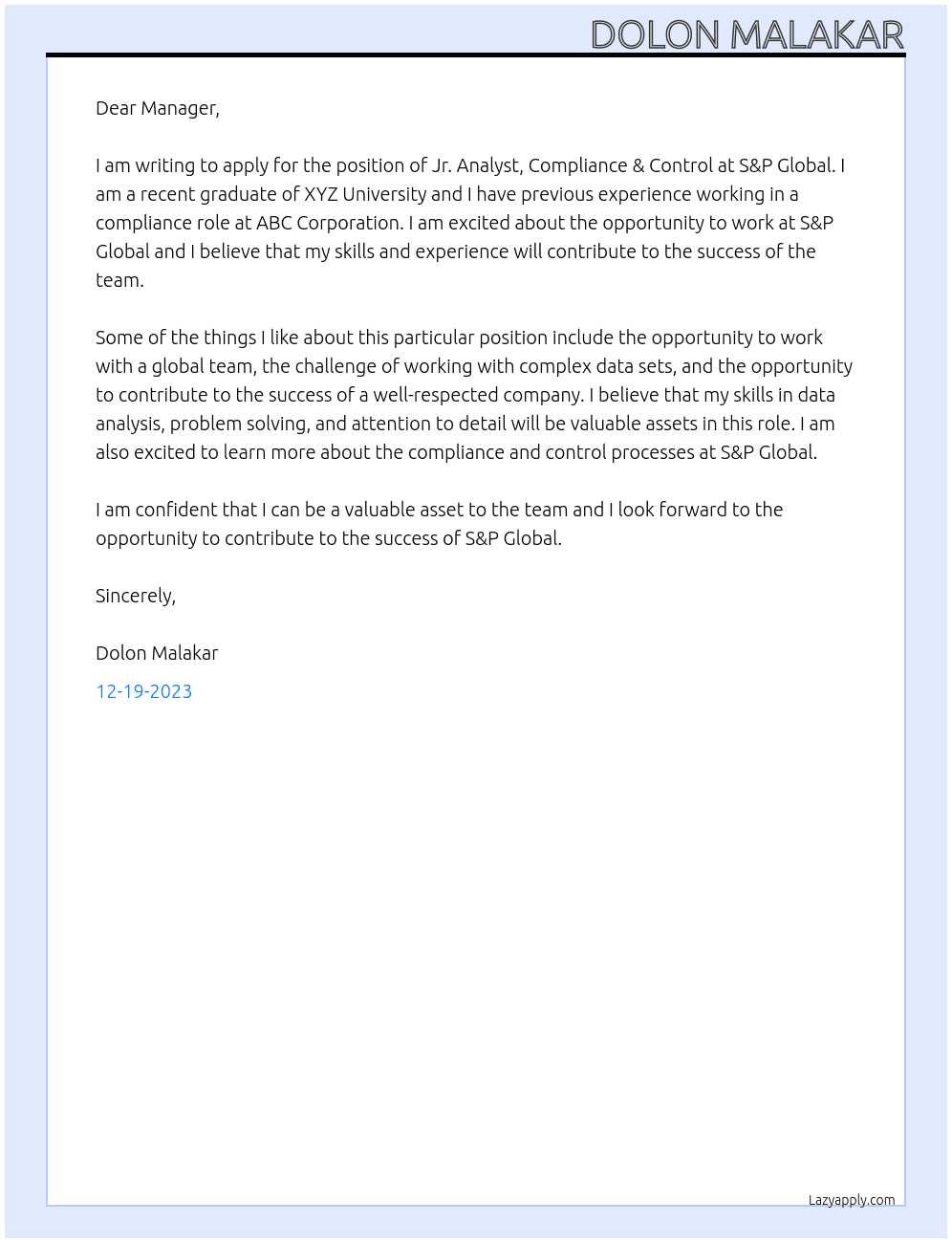 Jr. Analyst, Compliance & Control At S&P Global Cover Letter