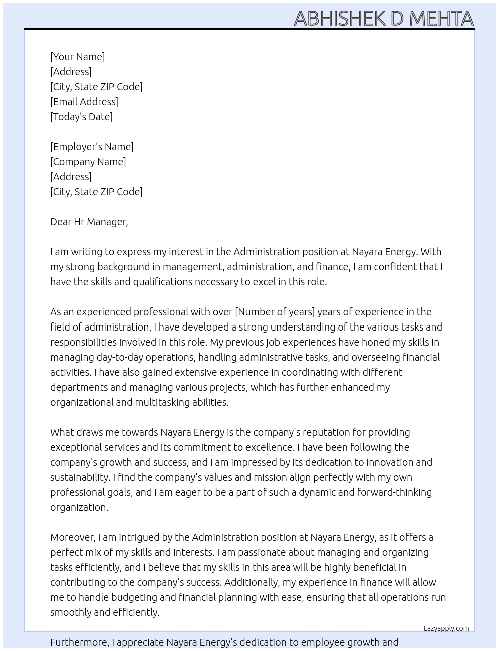 Administration  At Nayara energy  Cover Letter