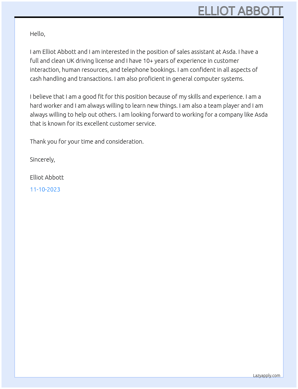 sales assistant  At Asda Cover Letter