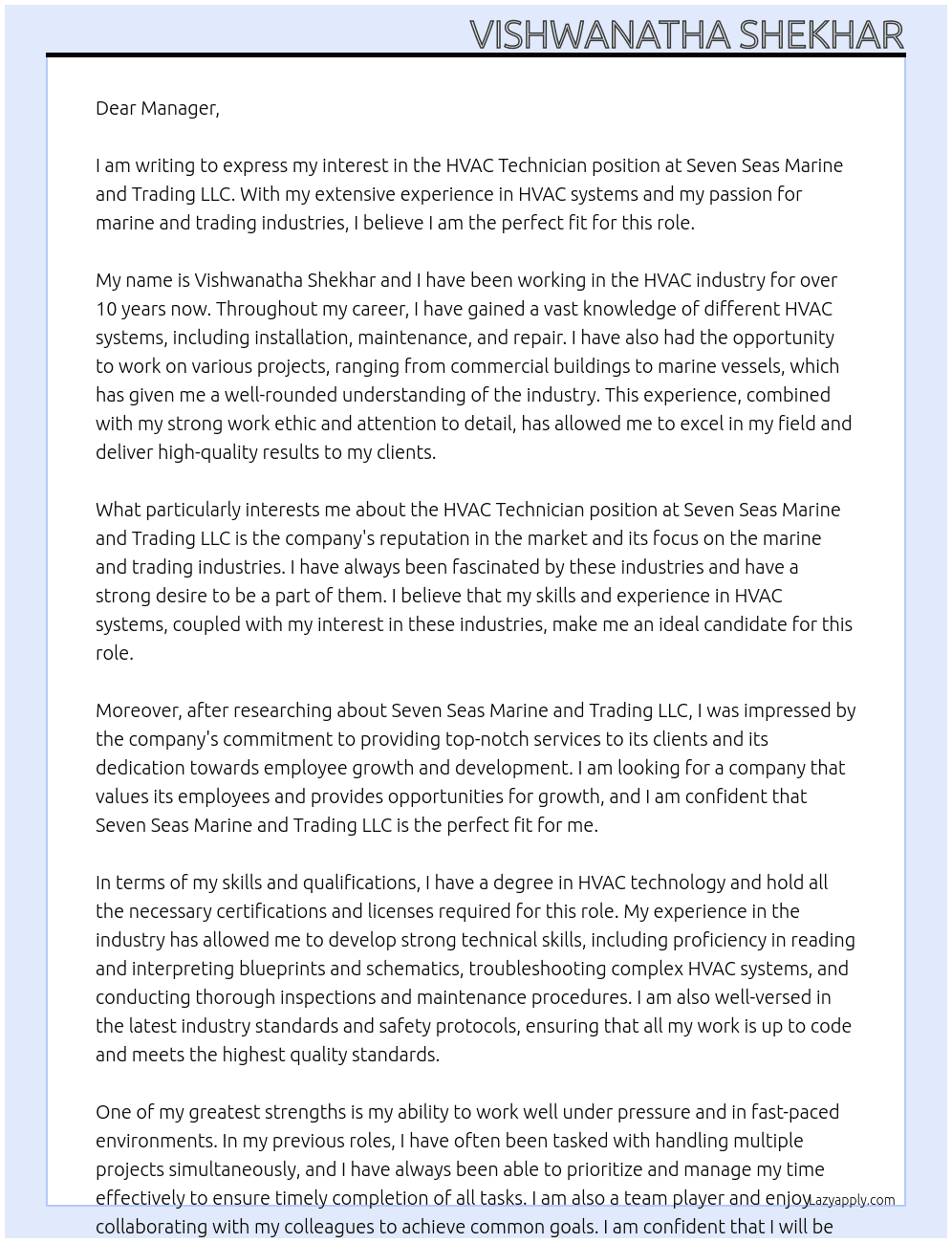 HVAC TECHNICIAN At Seven Seas Marine and Trading LLC Cover Letter