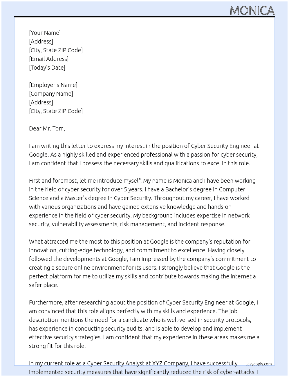 cyber security engineer At Google Cover Letter