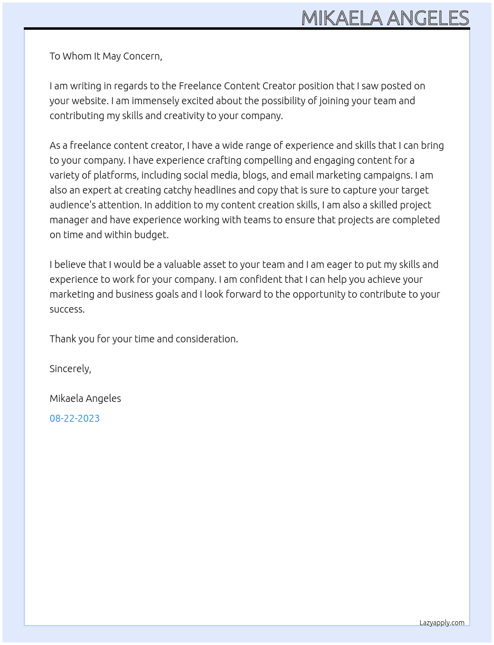 Freelance Content Creator At Anonymous Cover Letter