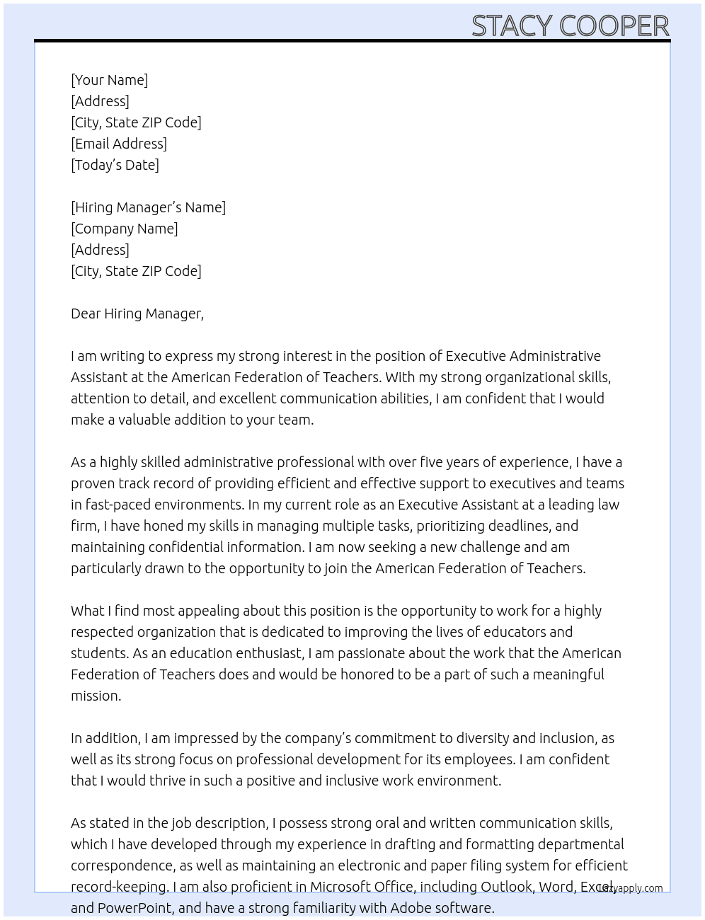 Executive Administrative Assistant At American Federation of Teachers Cover Letter