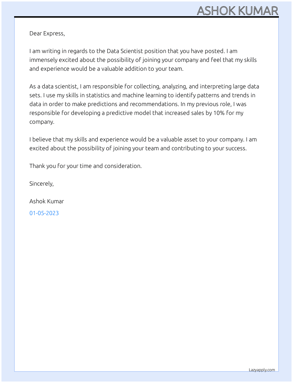 Data Scientist At Express Cover Letter
