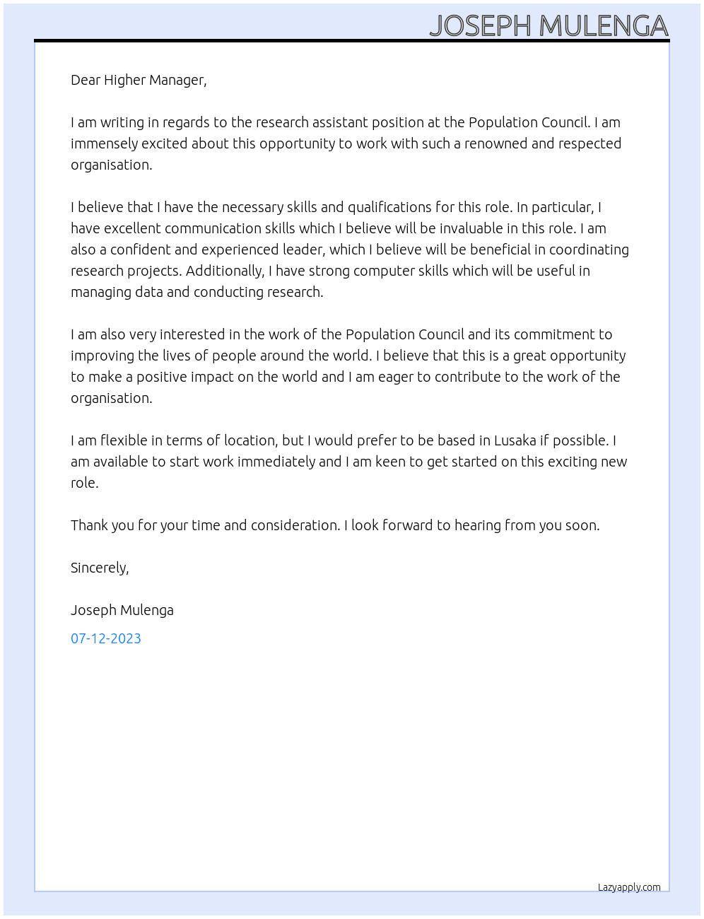 Research assistant  At Population council  Cover Letter