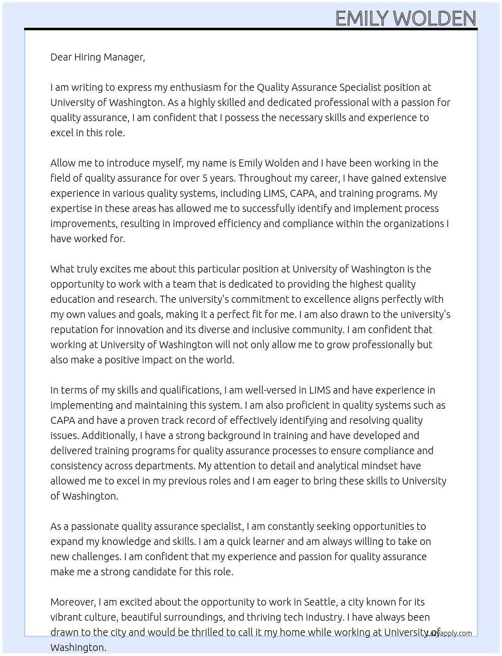 Quality Assurance Specialist At University of Washington Cover Letter