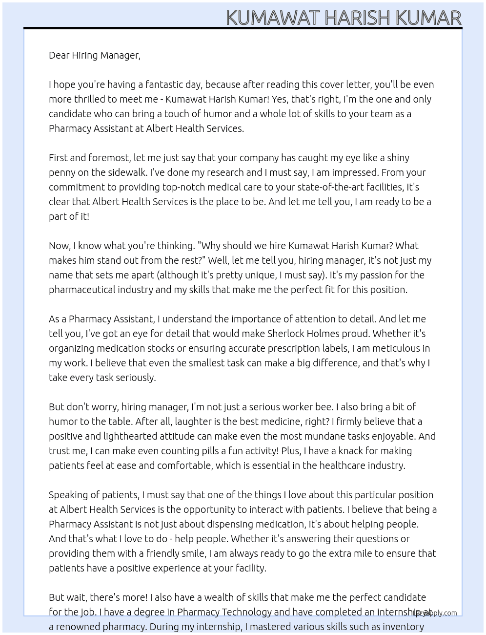 Pharmacy Assistant  At Albert Health Services  Cover Letter