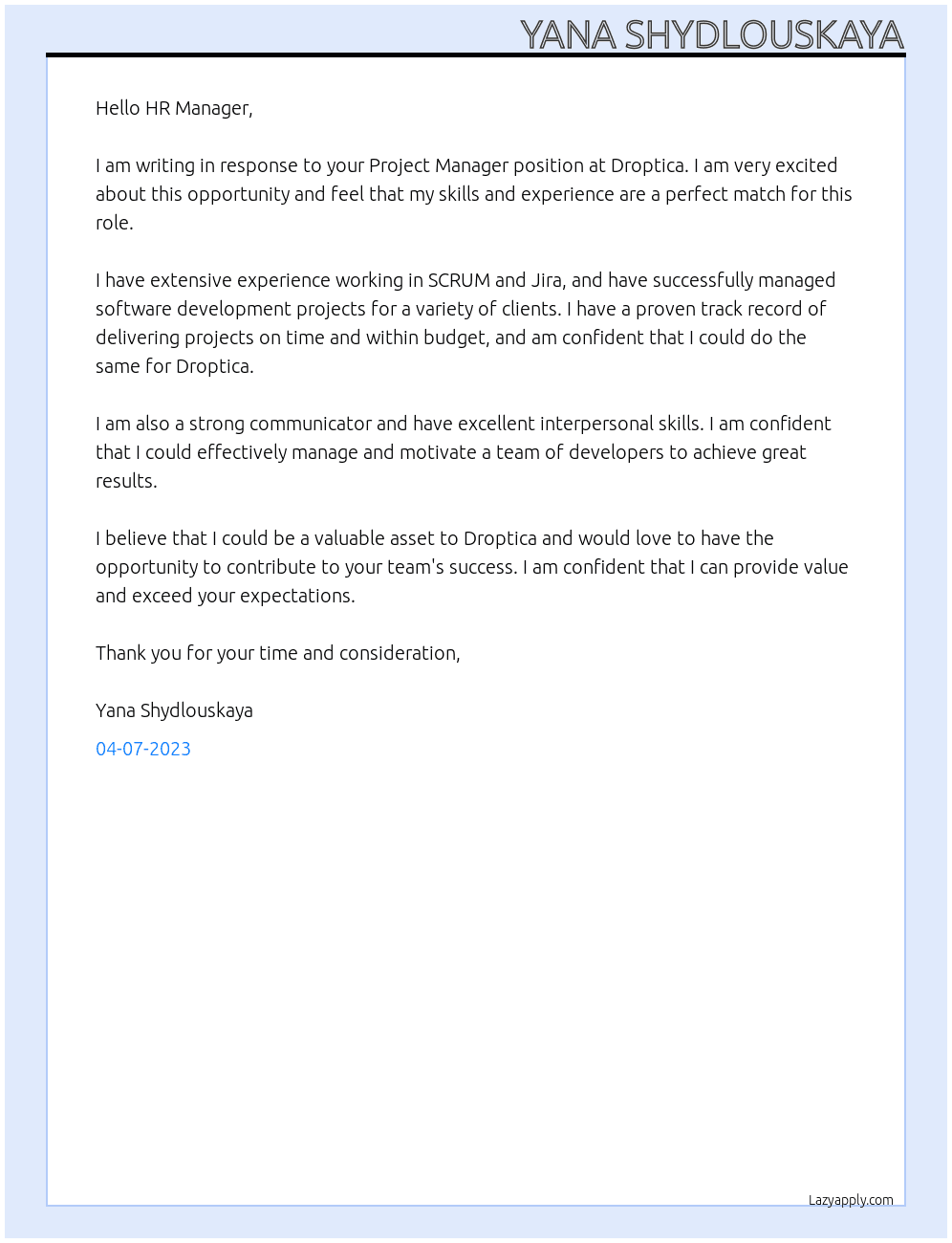 Project Manager At Droptica Cover Letter