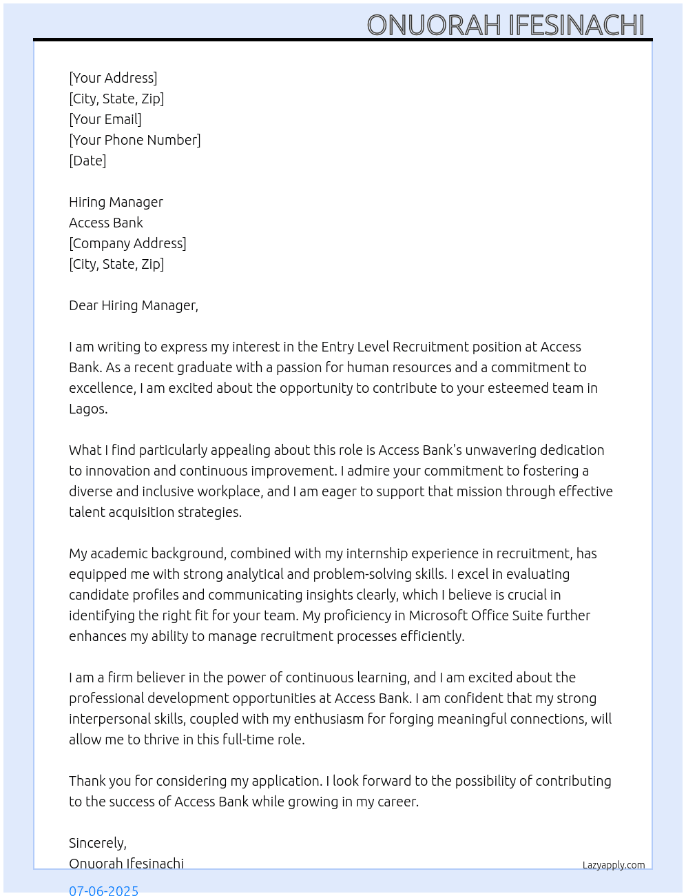 Entry level Recruitment  At Access Bank Cover Letter