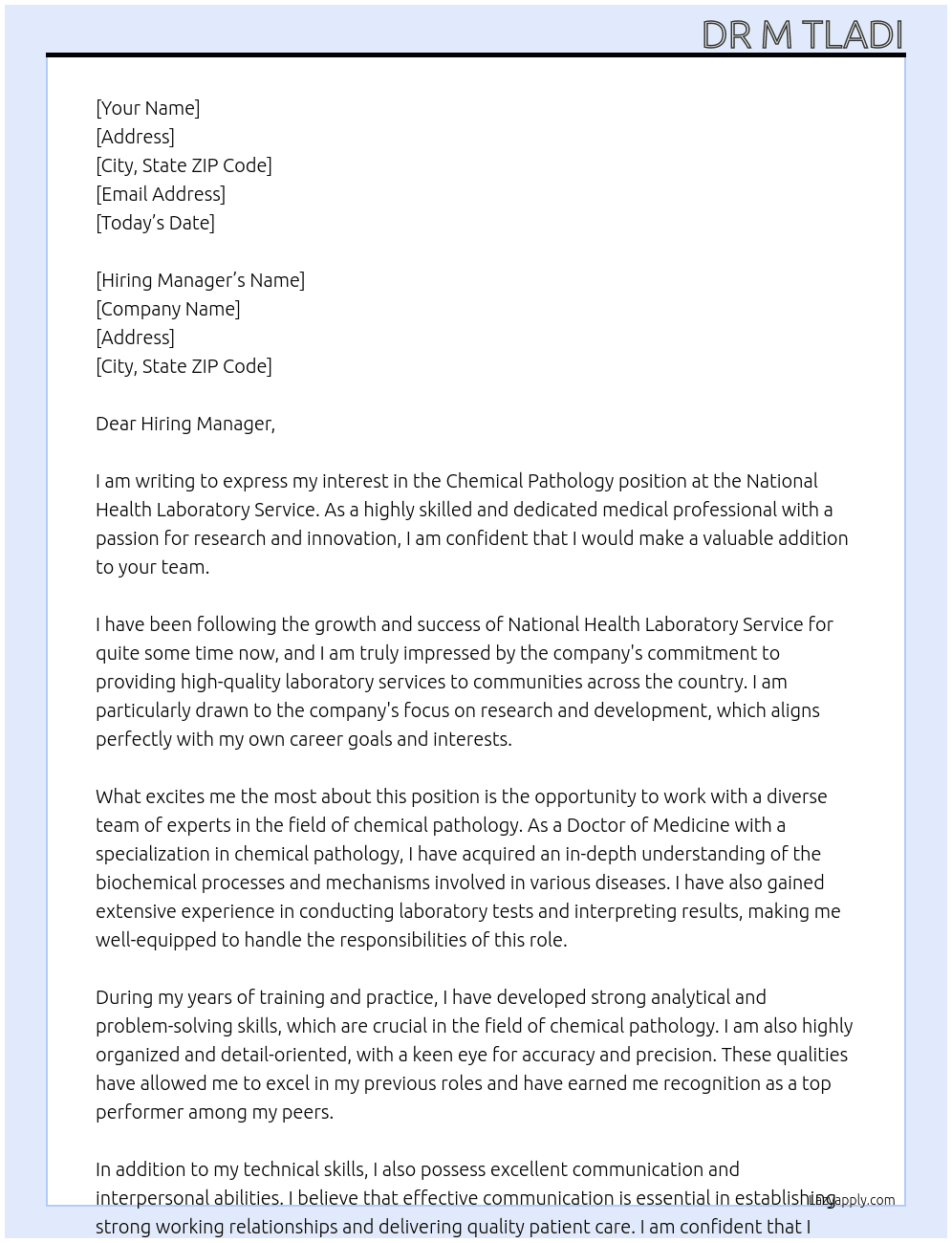 chemical pathology At national health laboratory service Cover Letter