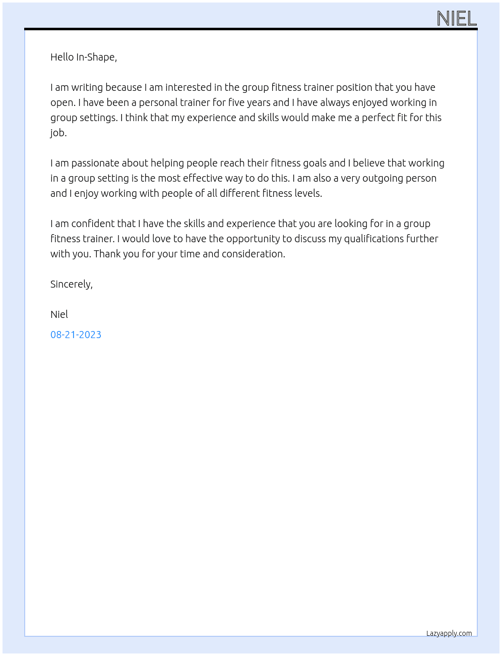 Group Fitness Trainer  At In-Shape Cover Letter