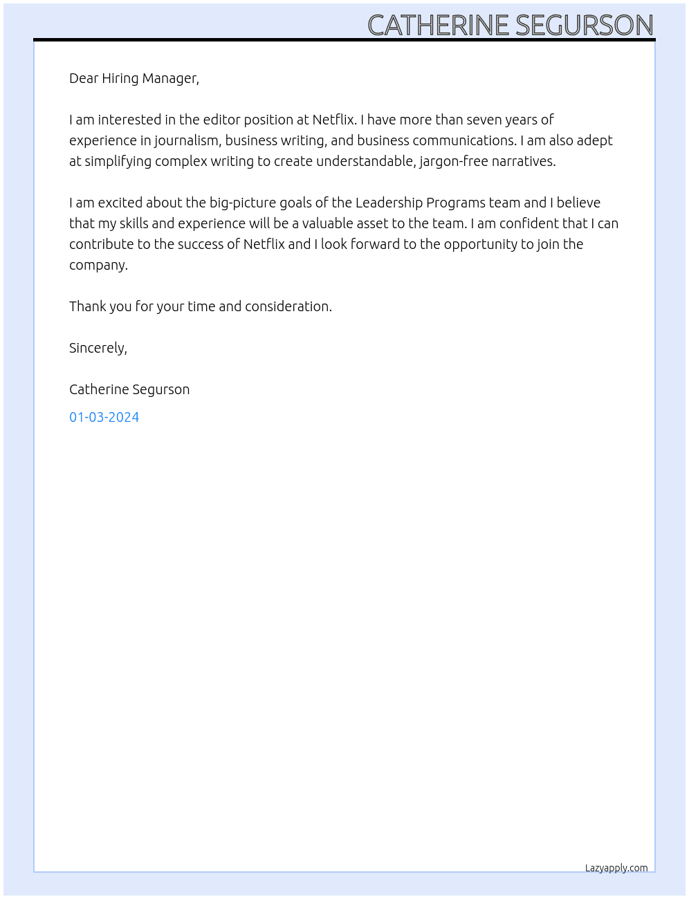 editor At Netflix Cover Letter