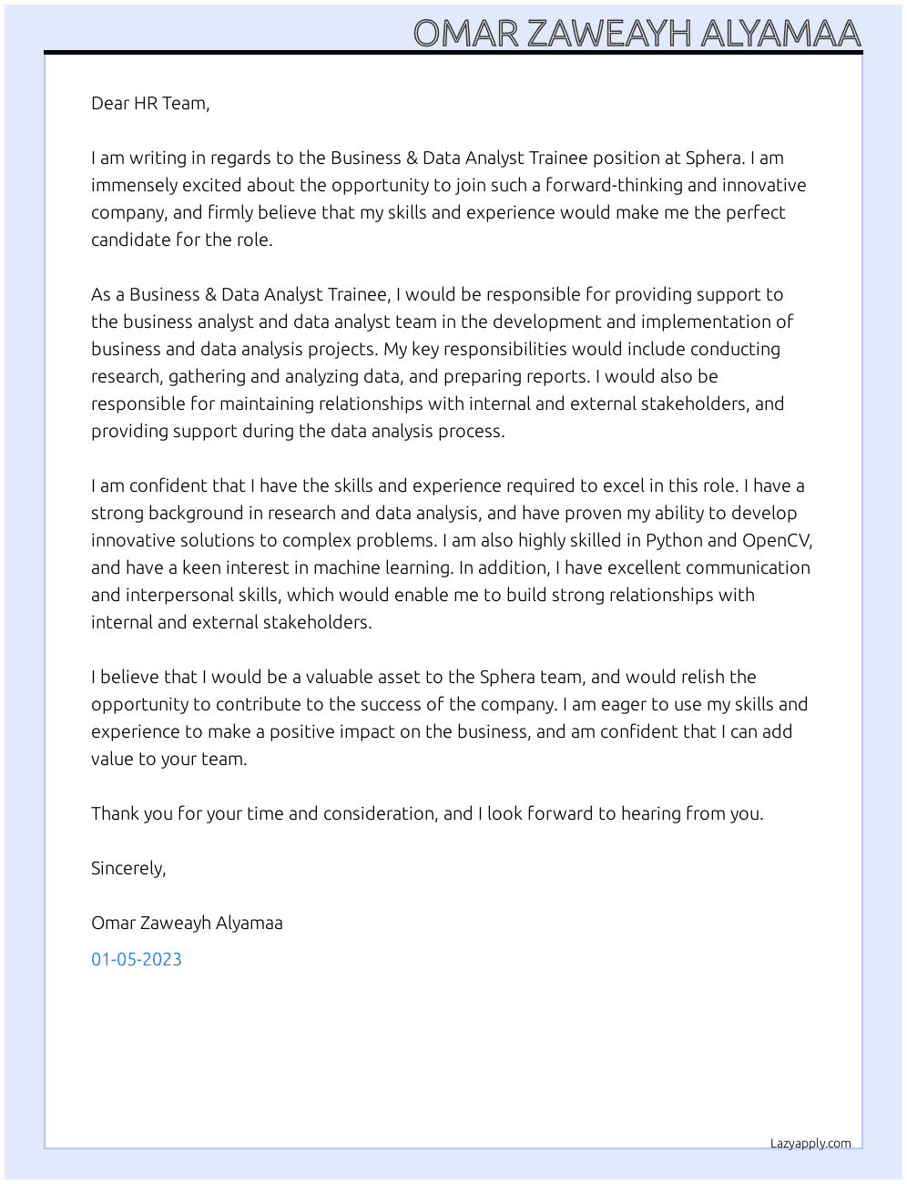 Business & Data Analyst Trainee At Sphera Cover Letter