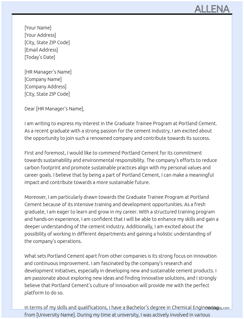 Graduate trainee program  At Portland cement  Cover Letter
