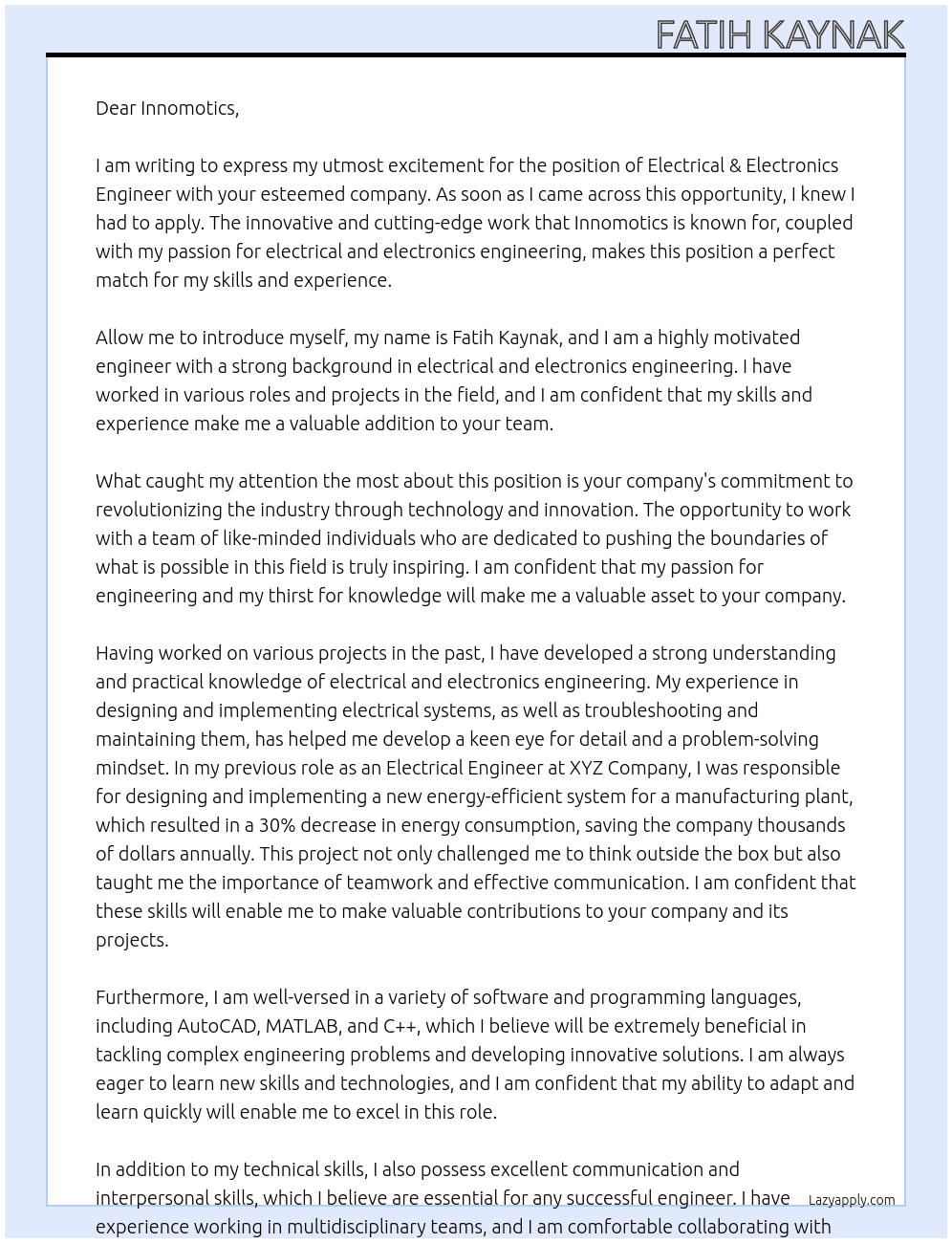 Cover letter for electrical&electronics engineer - LazyApply