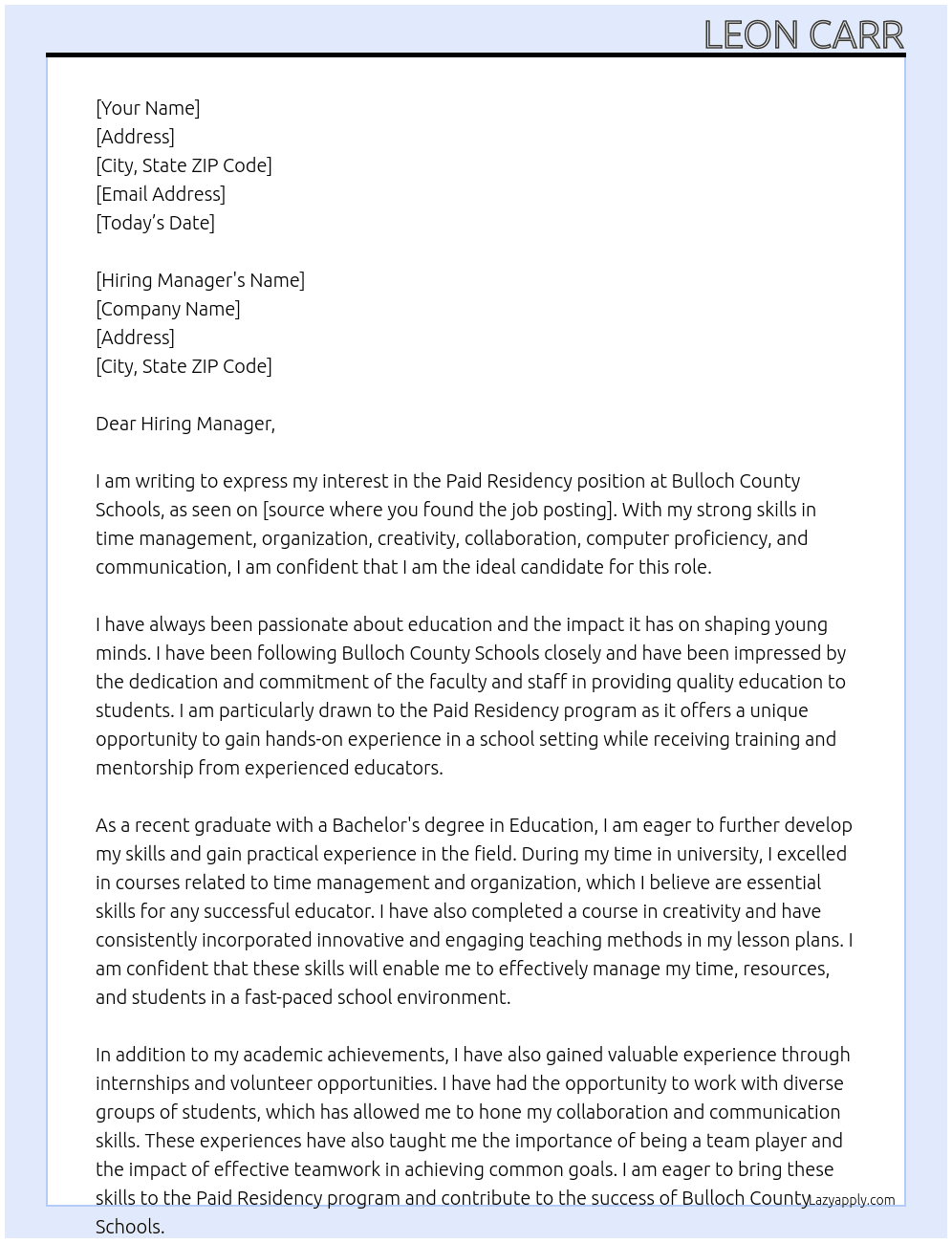 Paid Residency  At Bulloch County Schools Cover Letter