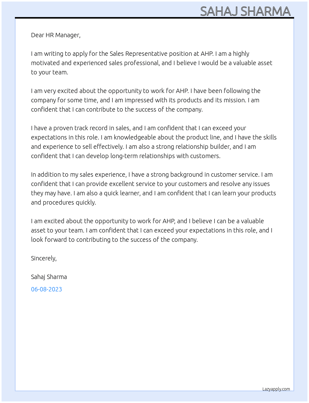 Sales Representative  At AHP Cover Letter