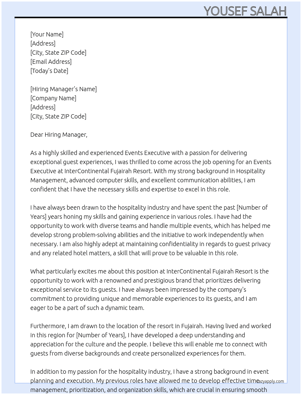 Events Executive At InterContinental Fujairah Resort Cover Letter