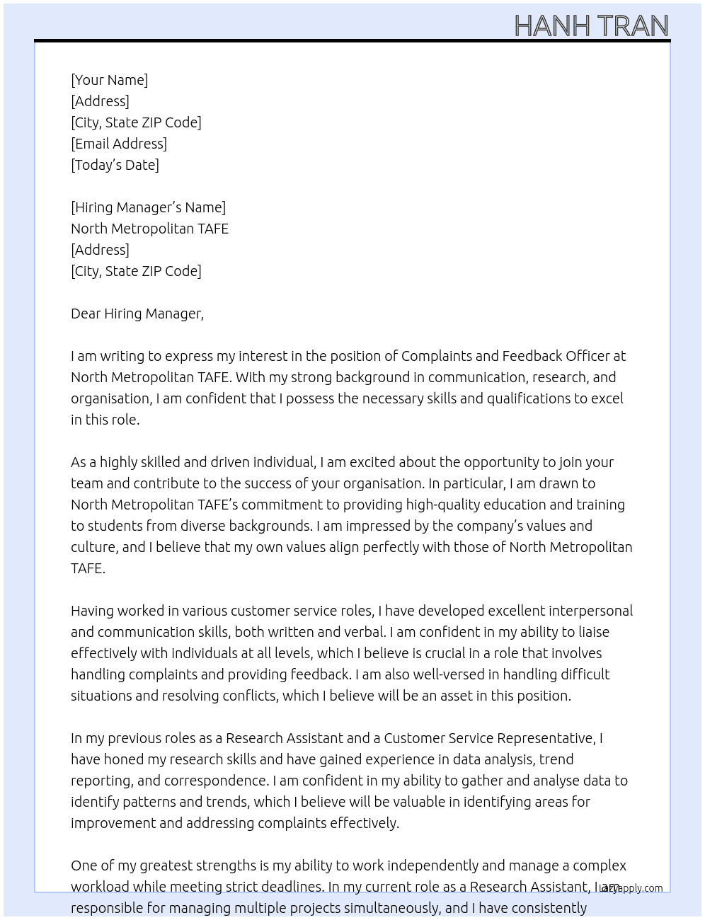 Complaints and feedback Officer At North Metropolitan TAFE Cover Letter