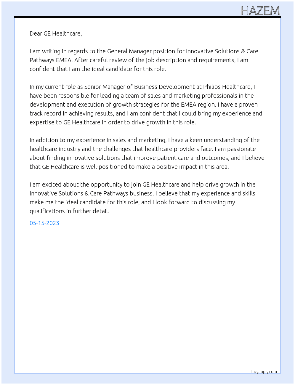 General Manager, Innovative Solutions & Care Pathways EMEA At GE healrcare Cover Letter