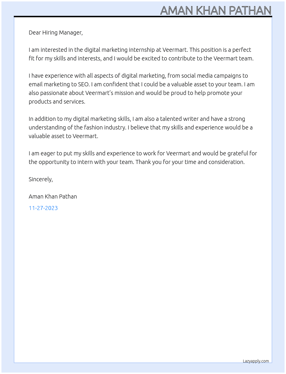 Digital marketing internship At VeermArt Cover Letter