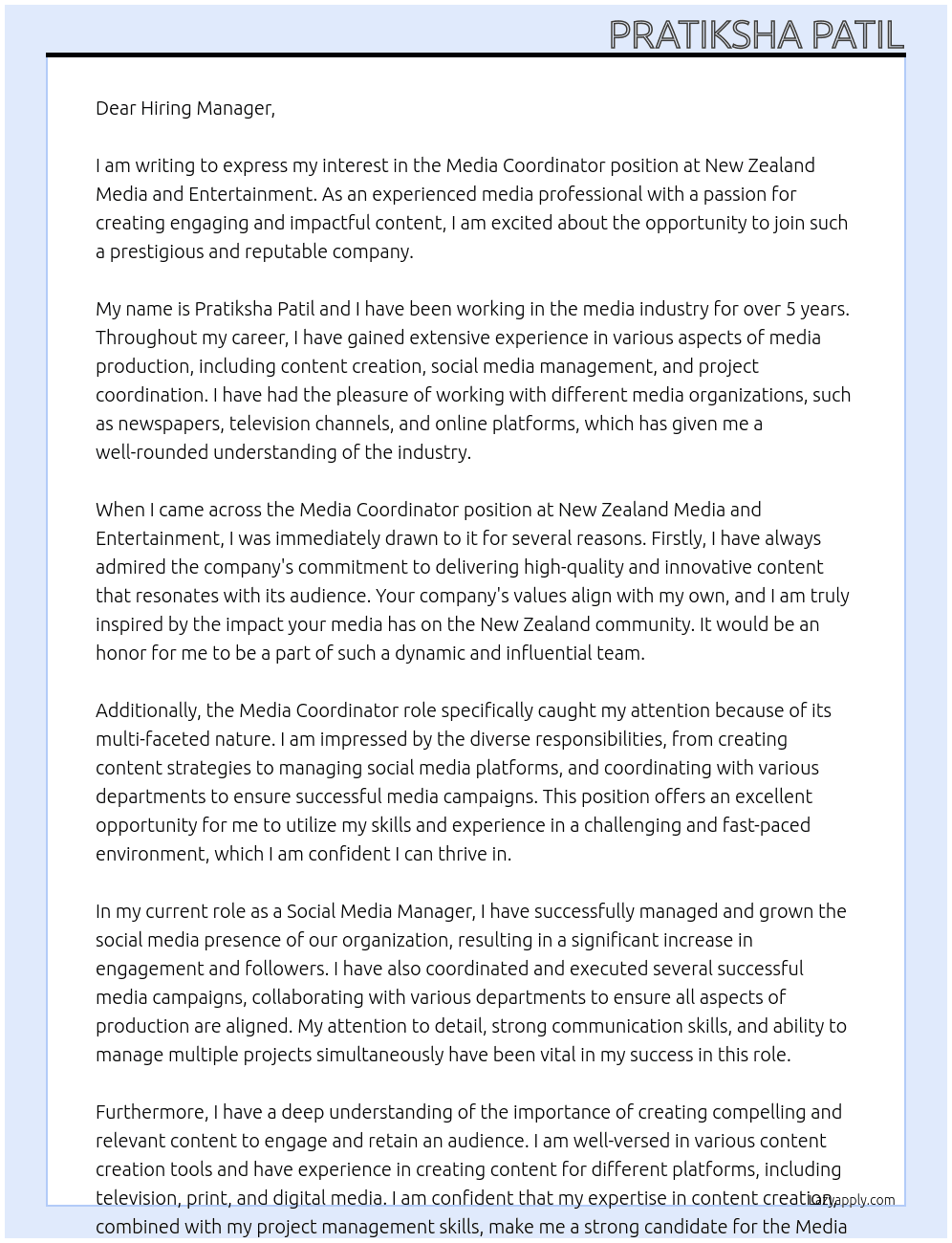 Media Coordinator At New Zealand Media and Entertainment Cover Letter