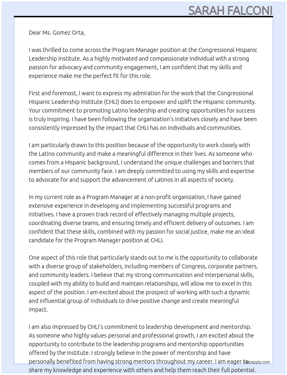 Program Manager At Congressional Hispanic Leadership Institute  Cover Letter