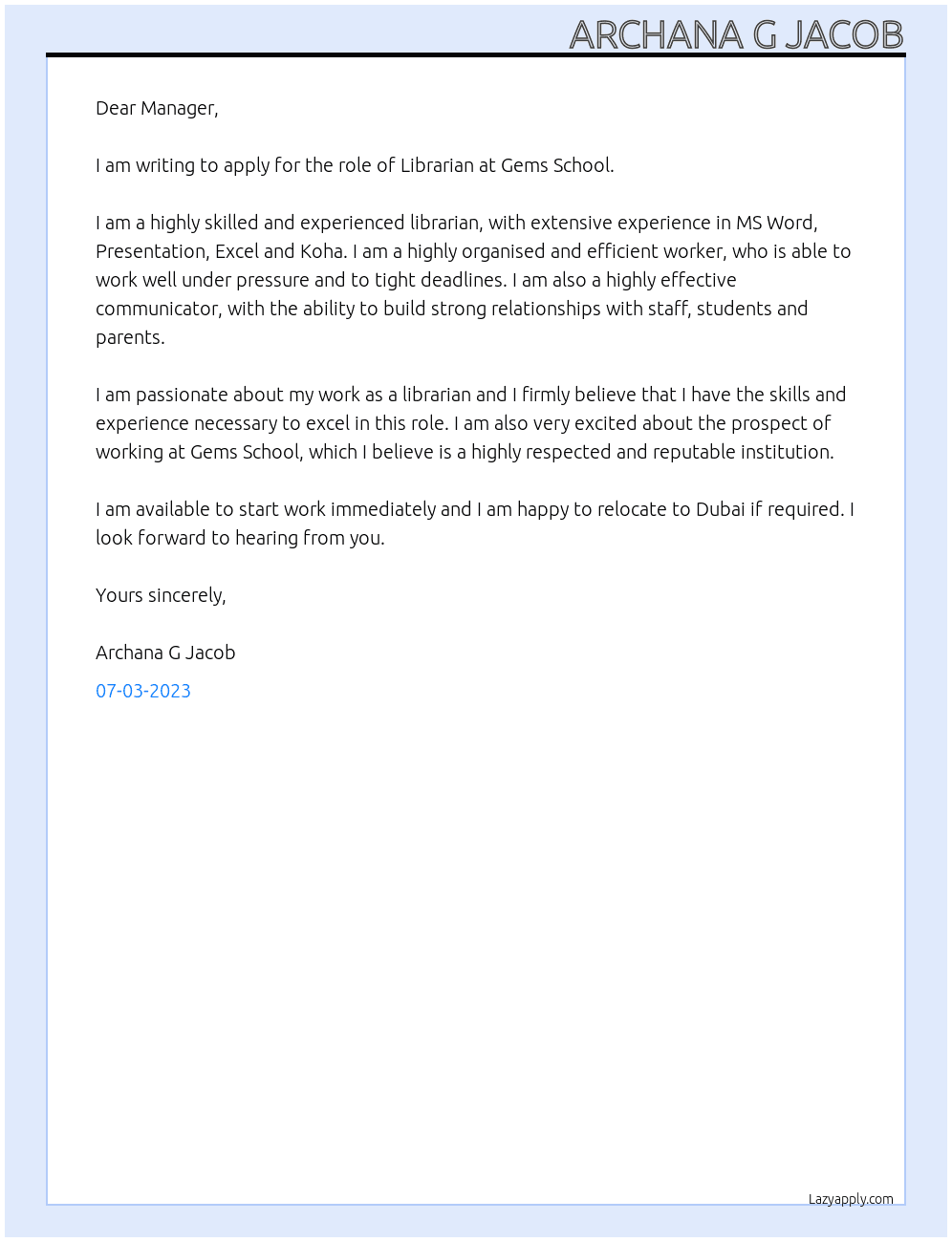 Librarian  At Gems School librarian  Cover Letter
