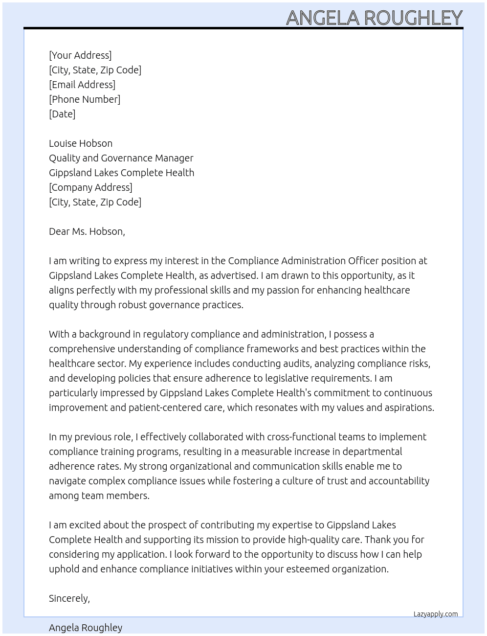 Compliance Administration Officer At Gippsland Lakes Complete Health Cover Letter