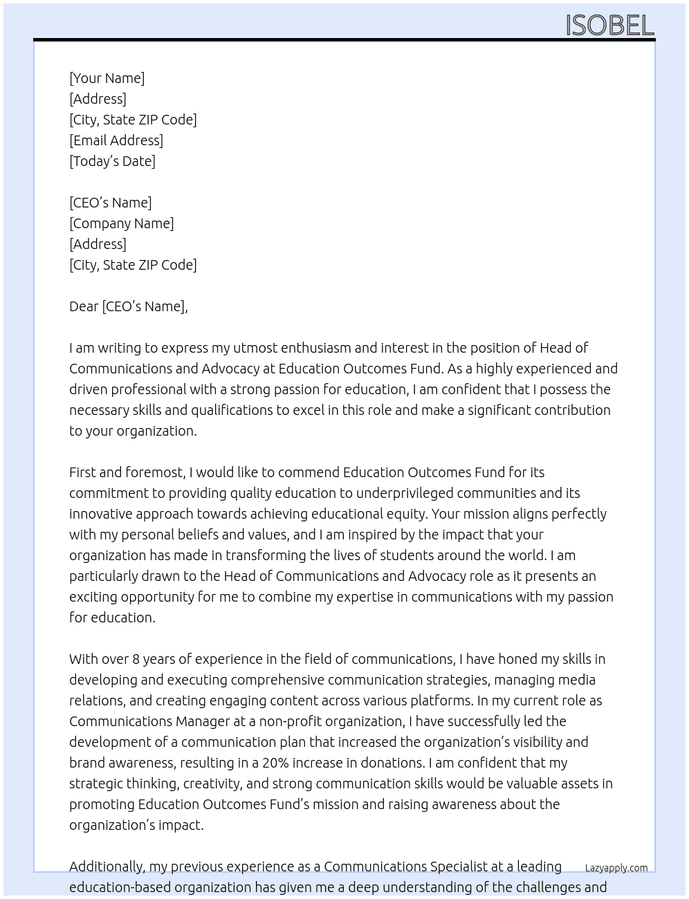 Head of Communications and Advocacy At Education Outcomes Fund Cover Letter