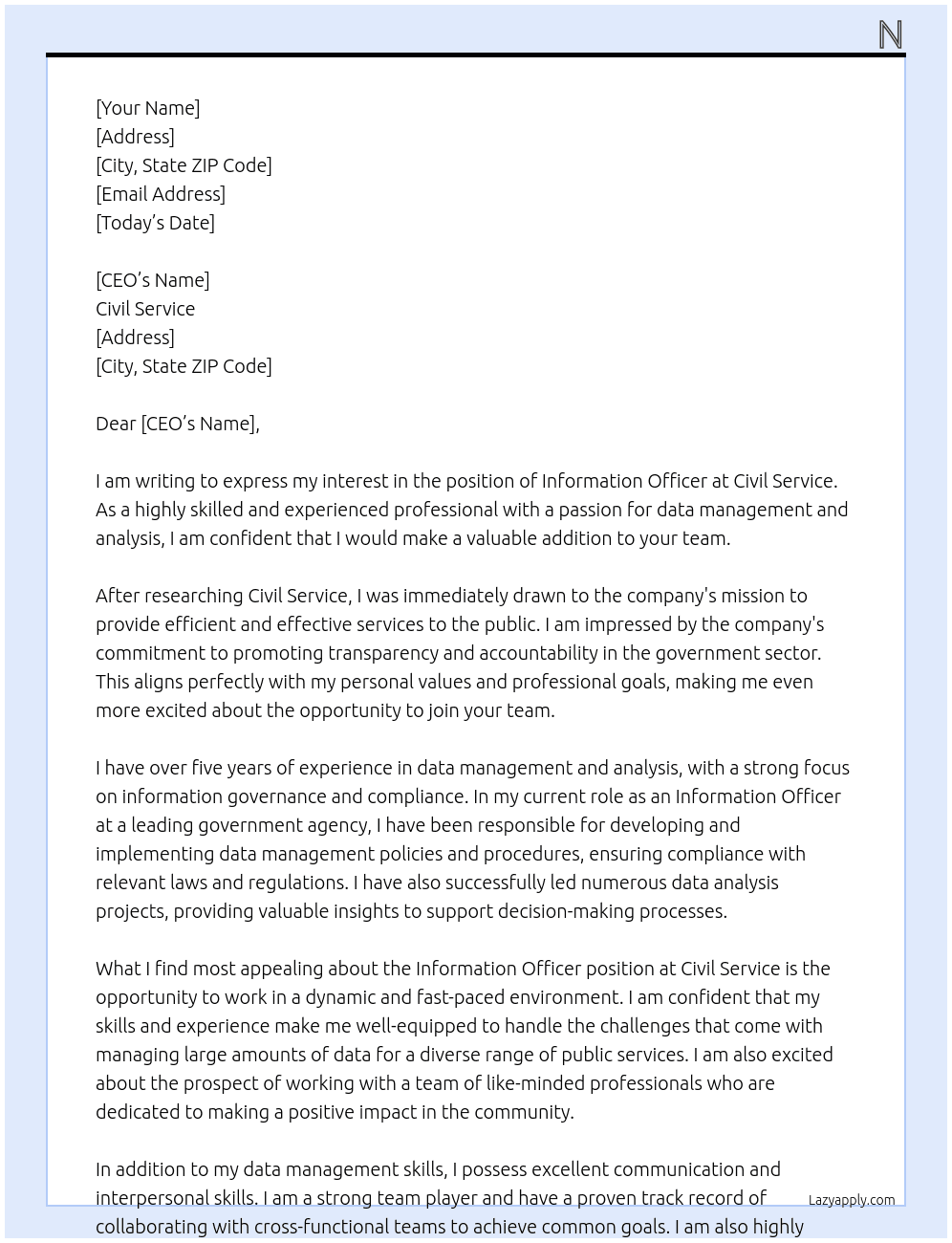Information officer  At Civil service  Cover Letter