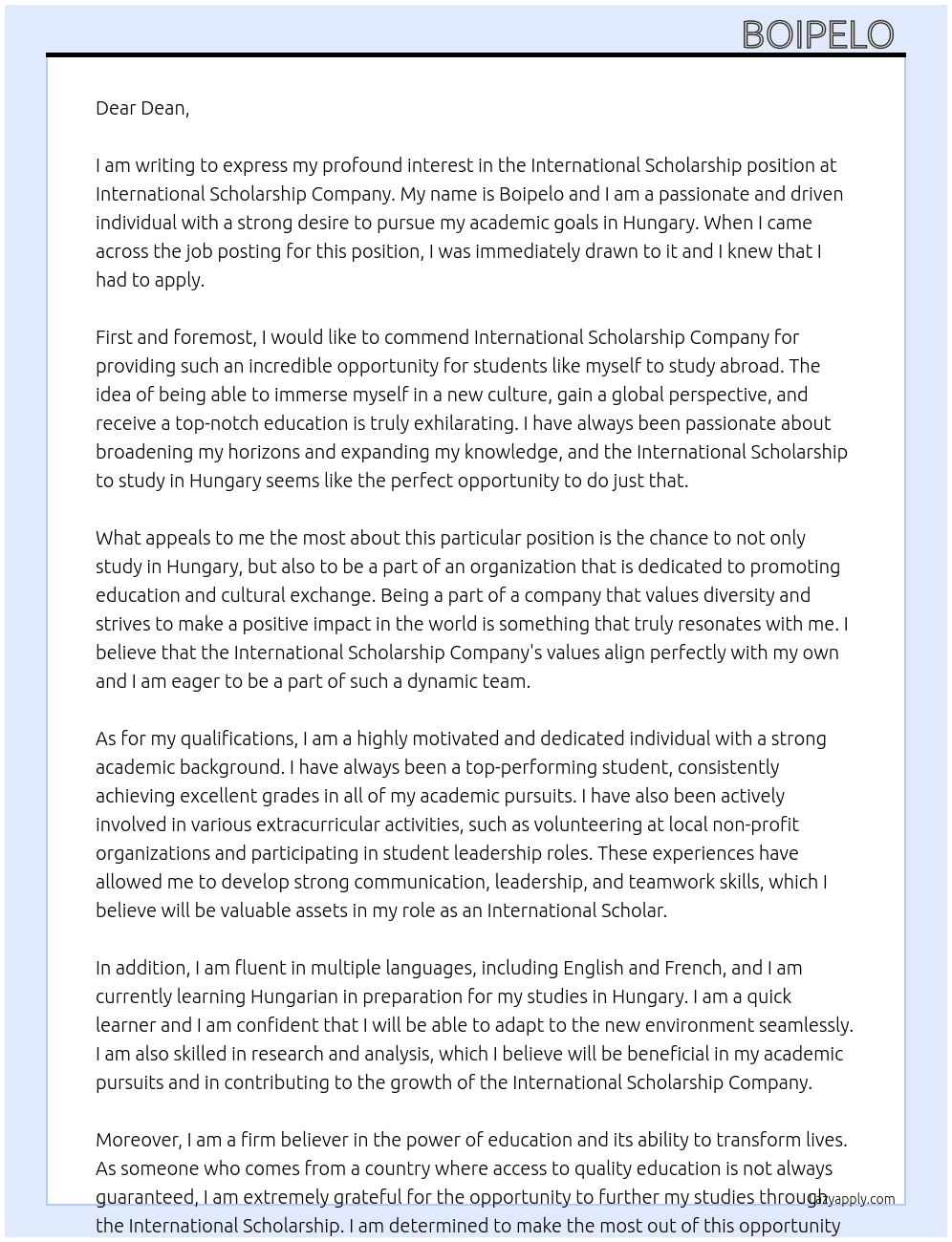International Scholarship to study in Hungary At international scholarship  Cover Letter