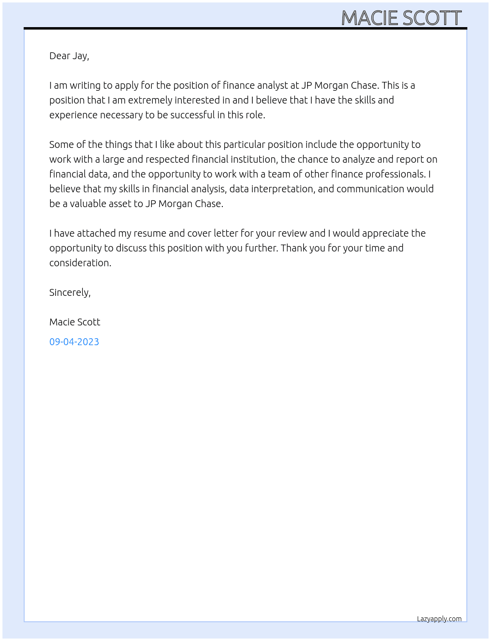 Finance analyst  At JP Morgan Chase  Cover Letter