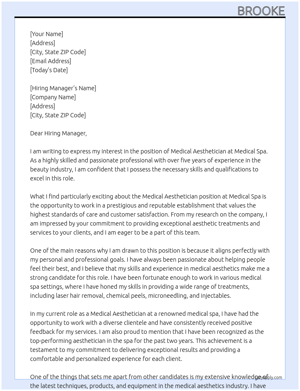 Medical Aesthetician At Medical Spa Cover Letter