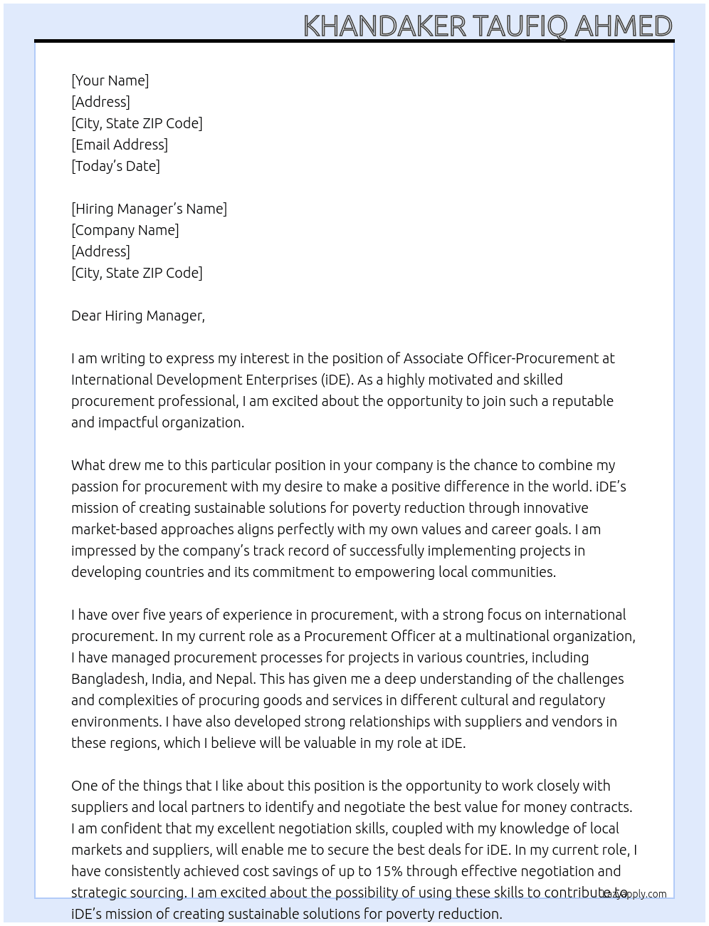 Cover letter for associate officer-procurement - LazyApply