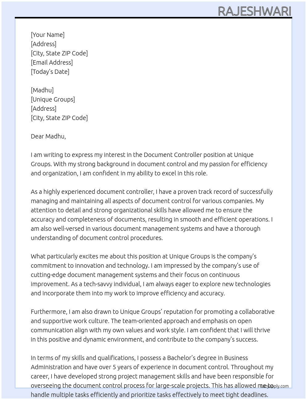 document controller At unique groups Cover Letter