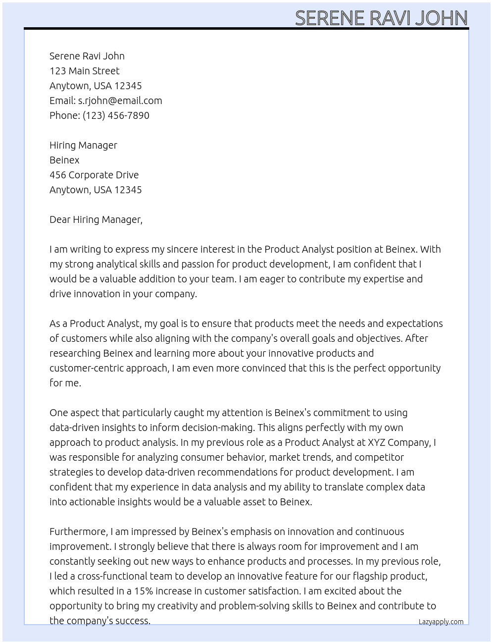 Product Analyst At Beinex Cover Letter