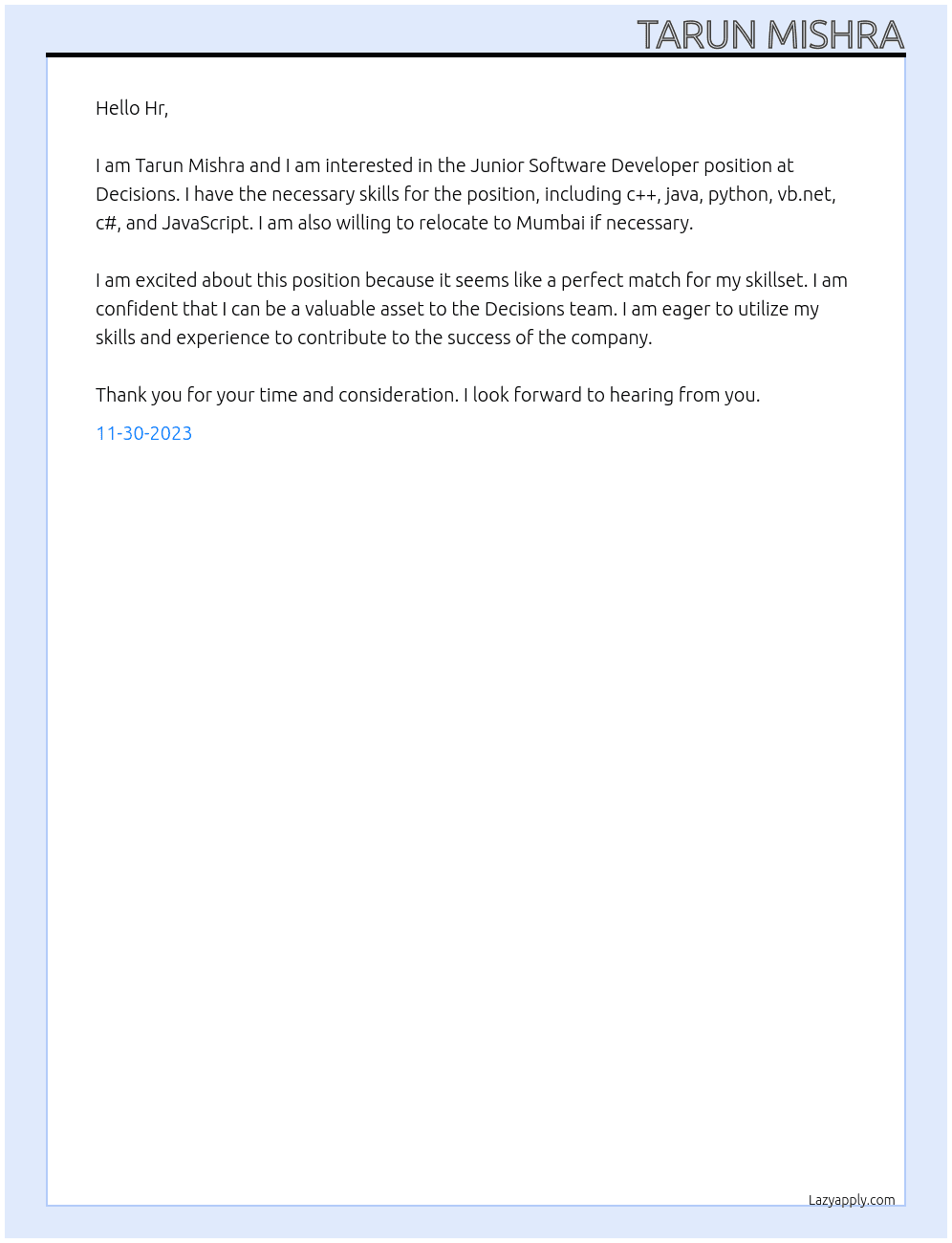 Junior Software Developer At Decisions Cover Letter